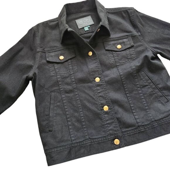 Ralph Lauren Jacket Denim Jean Womens Large Black Gold Trucker - Picture 1 of 7